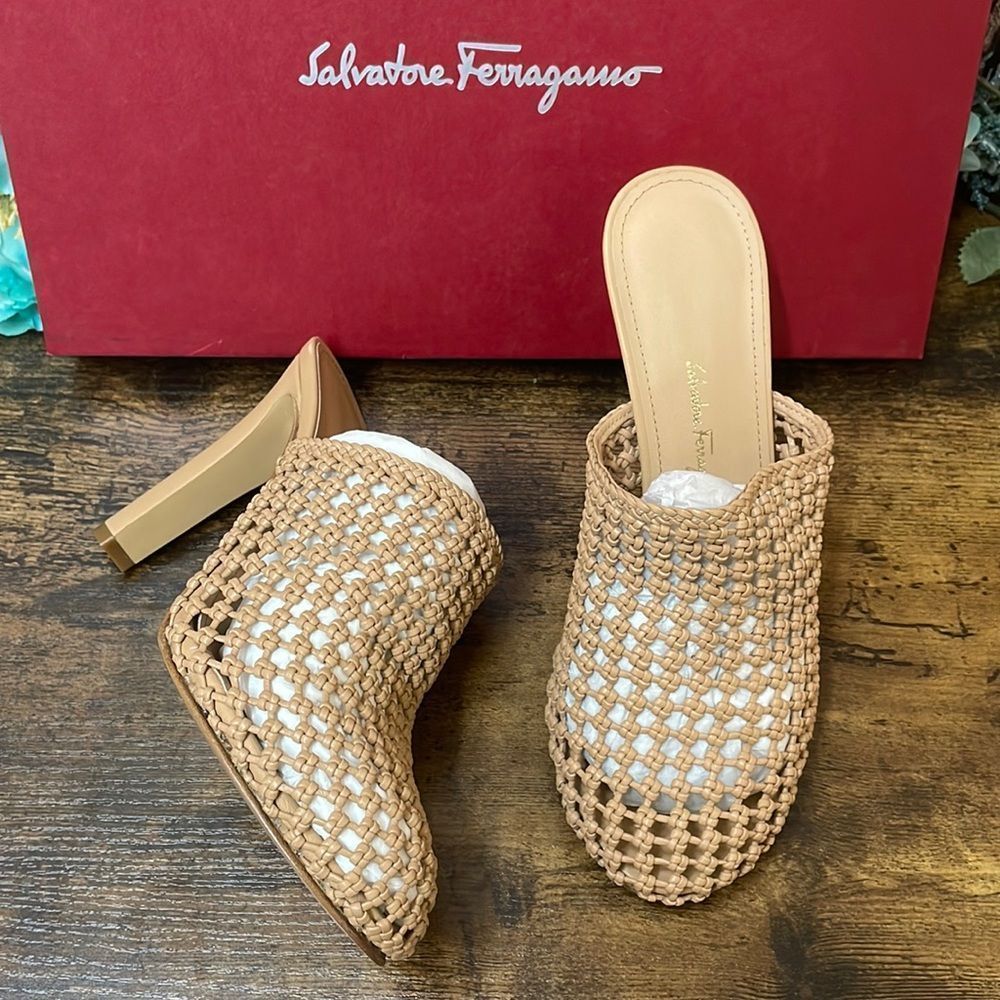 Salvatore Ferragamo Beige Slip On Caged High Heel Sandals, 6.5